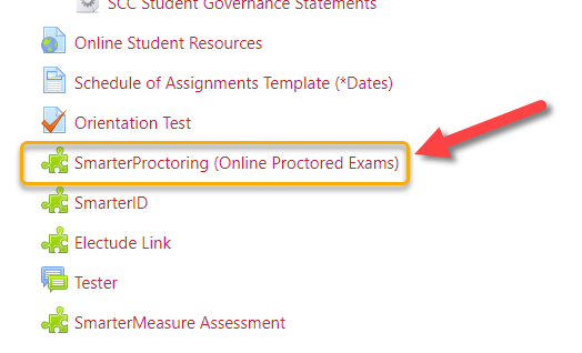 Arrow pointing to Moodle link entitled "SmarterProctoring (Online Proctored Exams)"