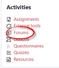 Forums option enclosed in a circle from the Activities block located in Moodle's block drawer