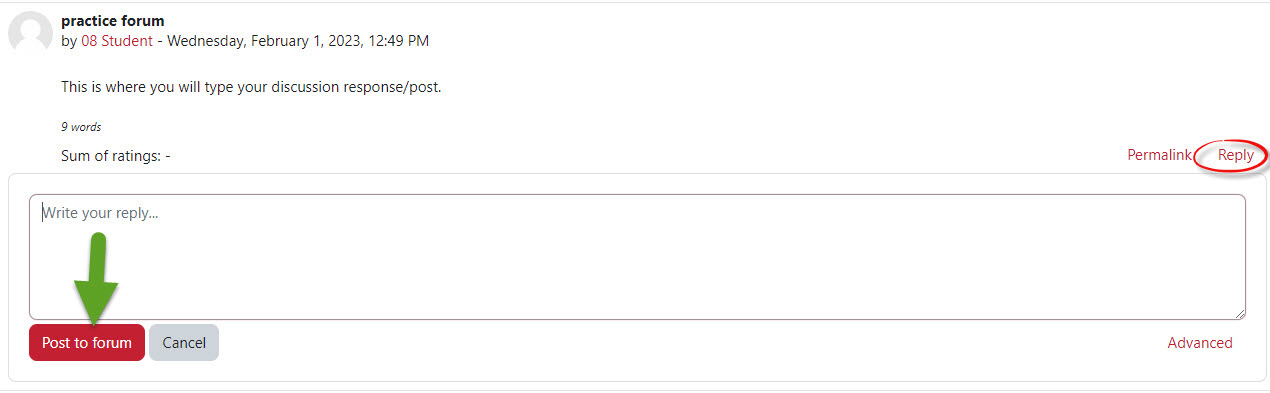 "Reply" button enclosed in a circle and arrow pointing to Post to Forum button