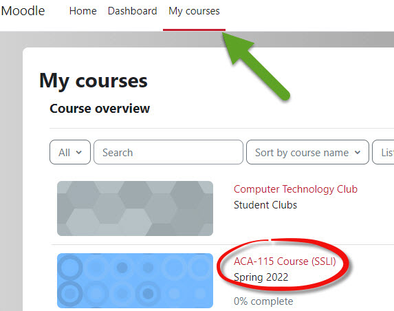 An arrow pointing to the "My Courses" tab and a circle surrounding an example course .