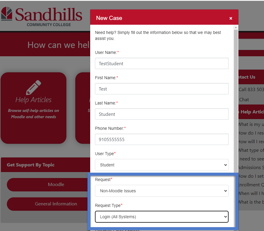 Help ticket highlighting Request field set to Non-Moodle issues and Request Type field set to Login(All Systems).