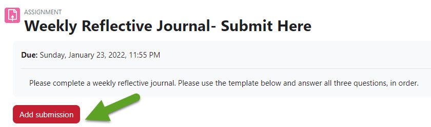 Arrow pointing to "Add submission" button in a Moodle assignment activity