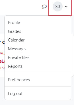 Expanded dropdown menu of options after clicking on initials