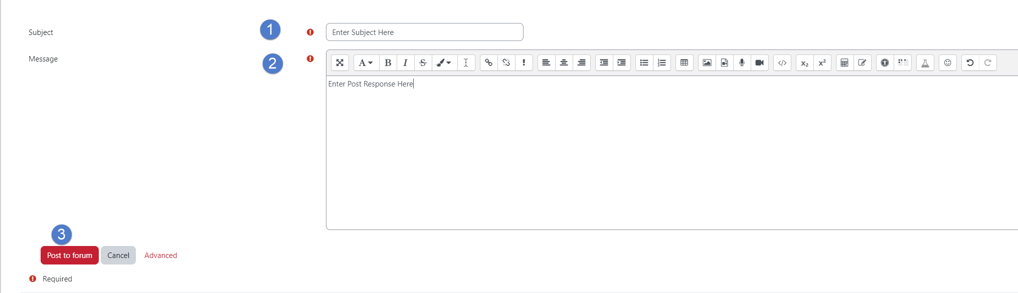 1. Indicating entering a subject for your post. 2. Displaying where to enter your response 3. Indicating once done, select the "Post to Forum" button