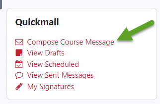 Arrow pointing to "Compose Course Message" option in Quickmail block