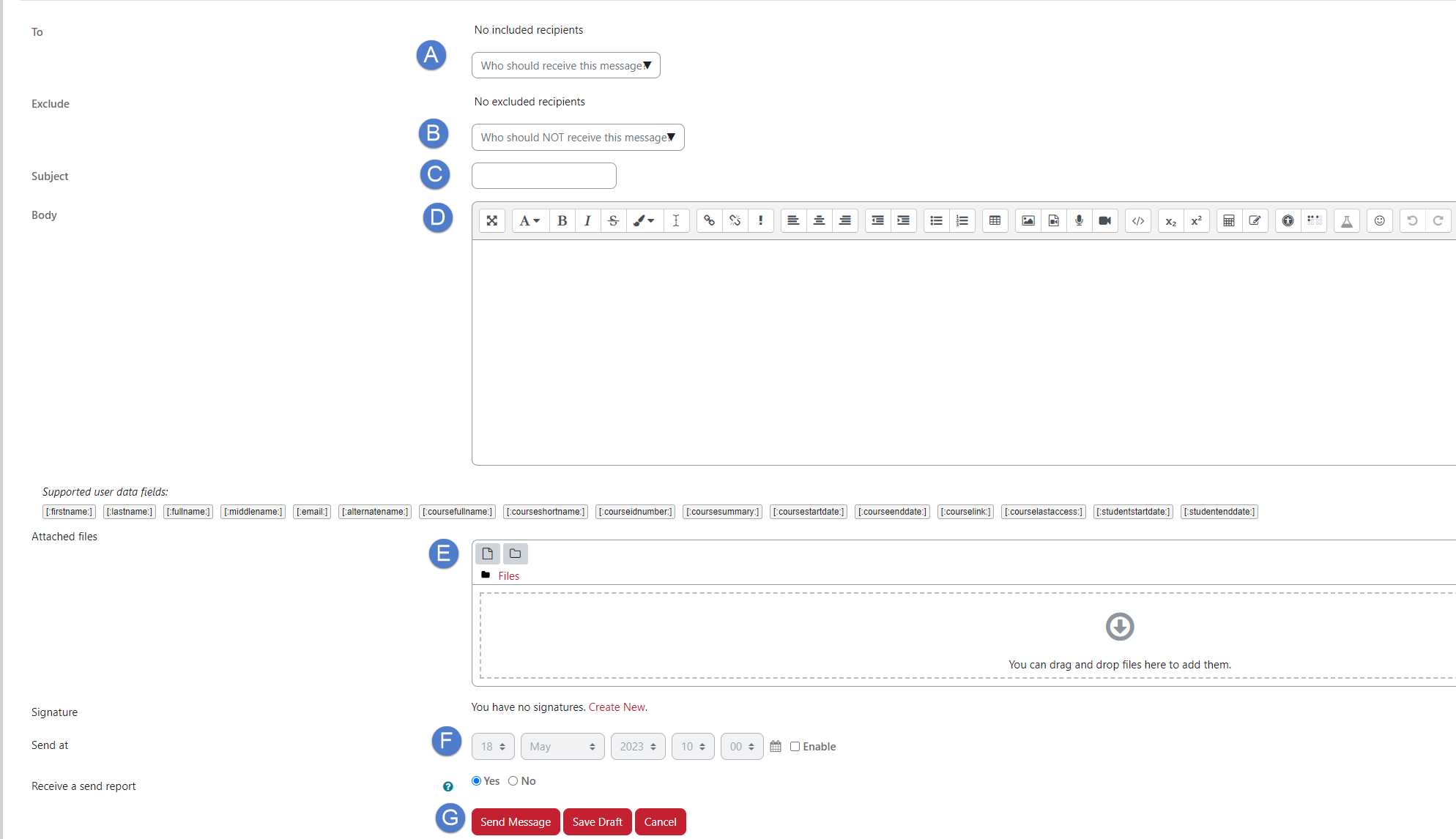 A. Dropdown list of who you want to send the message to B. Dropdown list of who you want to exclude the message from (optional) C. Email's subject text box D. Body text box to enter the message E. Attachments area where you can upload files (optional) F. Date picker to determine when you want the message to send (optional) G. Send Message button to click upon sending email.